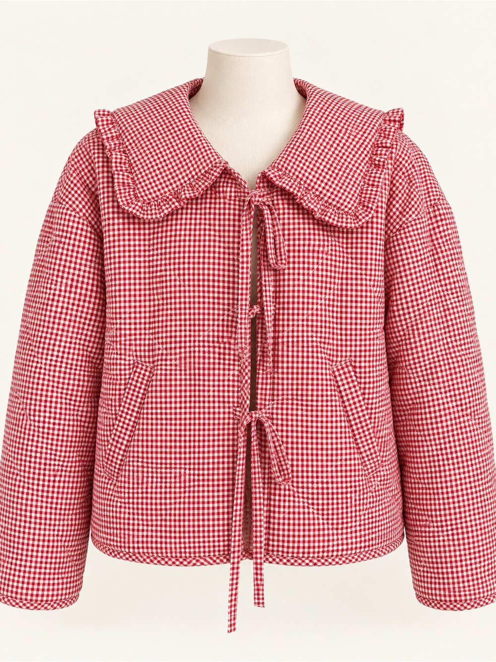 Anthropologie Maeve Red Gingham Tie-Front Puffer Jacket